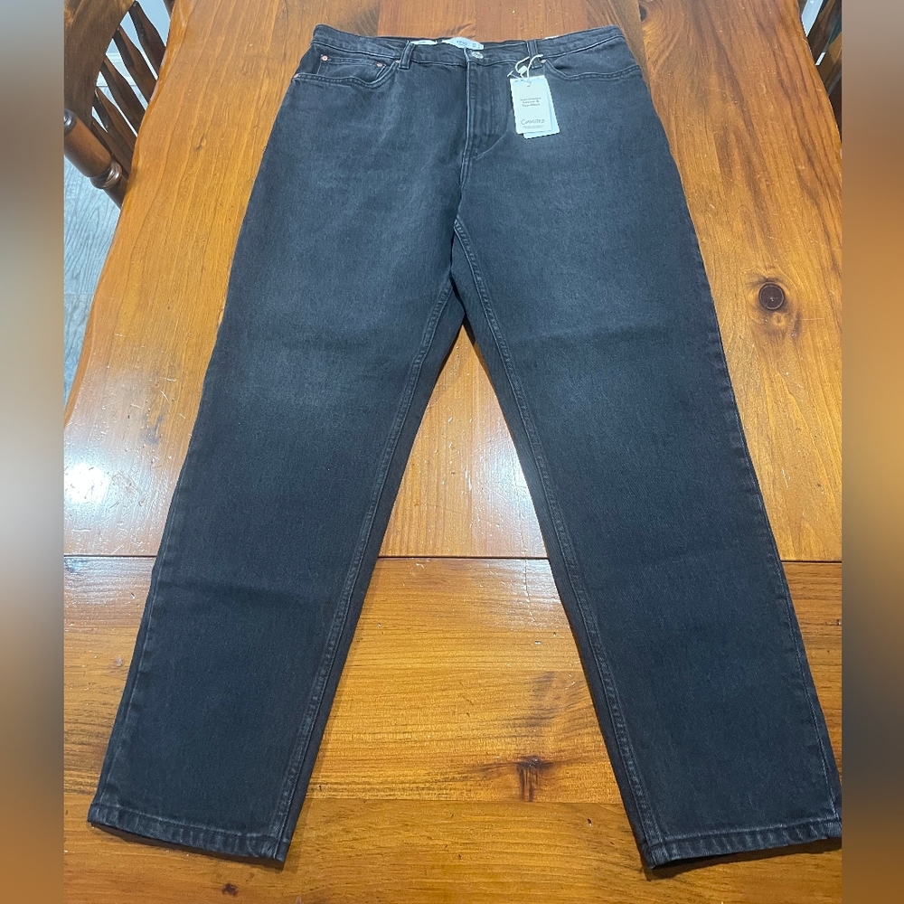 NWT MNG Womens Classic Black Eco Wash‎ Cotton Mom Comfort Denim Jeans Size 14